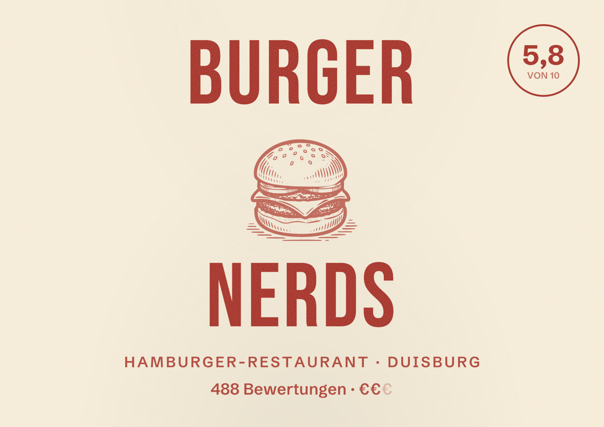 Illustriertes Poster von Burger Nerds, Hamburger-Restaurant in Duisburg: Bewertung 5,8 von 10 aus 488 Bewertungen, Preisniveau €€