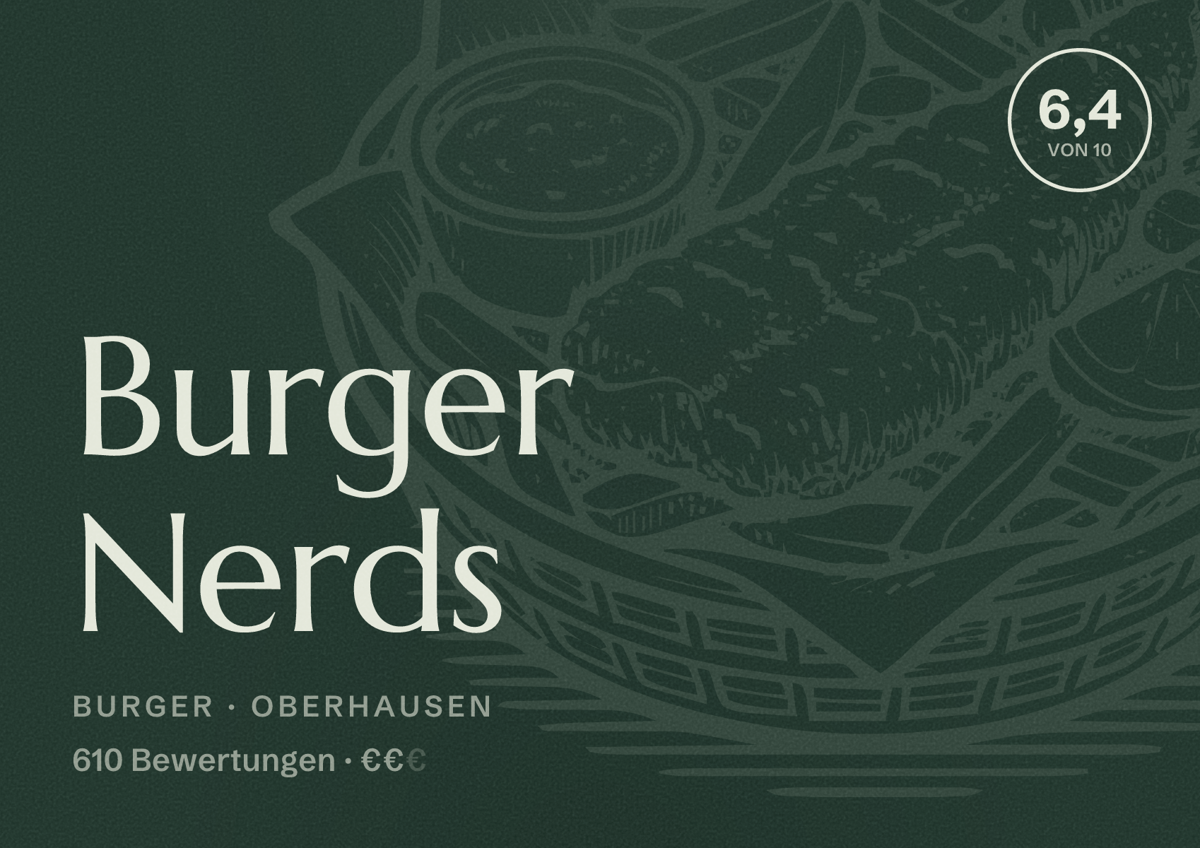Illustriertes Poster von Burger Nerds, Burger in Oberhausen: Bewertung 6,4 von 10 aus 610 Bewertungen, Preisniveau €€