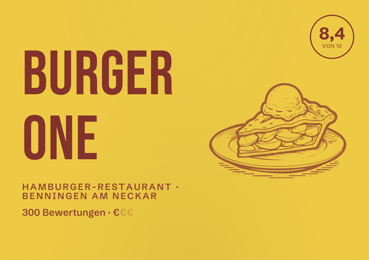 Illustriertes Poster von Burger One, Hamburger-Restaurant in Benningen am Neckar: Bewertung 8,4 von 10 aus 300 Bewertungen, Preisniveau €