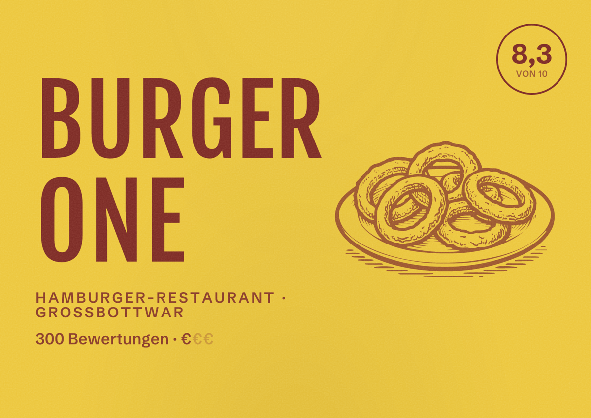 Illustriertes Poster von Burger One, Hamburger-Restaurant in Großbottwar: Bewertung 8,3 von 10 aus 300 Bewertungen, Preisniveau €