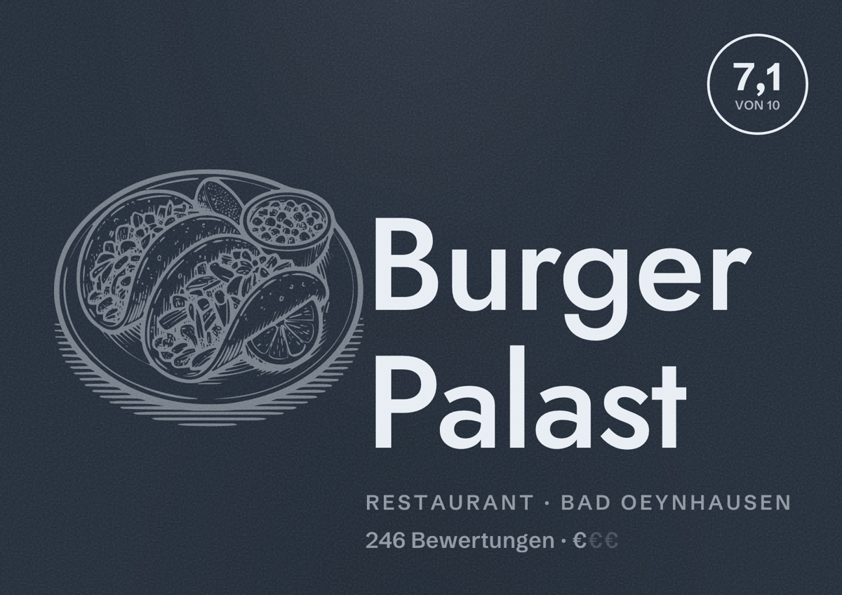 Illustriertes Poster von Burger Palast, Restaurant in Bad Oeynhausen: Bewertung 7,1 von 10 aus 246 Bewertungen, Preisniveau €