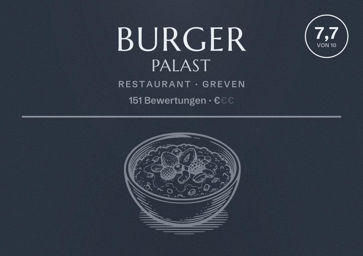 Illustriertes Poster von Burger Palast, Restaurant in Greven: Bewertung 7,7 von 10 aus 151 Bewertungen, Preisniveau €