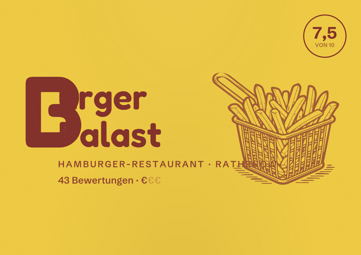 Illustriertes Poster von Burger Palast, Hamburger-Restaurant in Rathenow: Bewertung 7,5 von 10 aus 43 Bewertungen, Preisniveau €