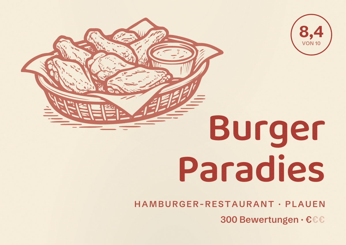 Illustriertes Poster von Burger Paradies, Hamburger-Restaurant in Plauen: Bewertung 8,4 von 10 aus 300 Bewertungen, Preisniveau €