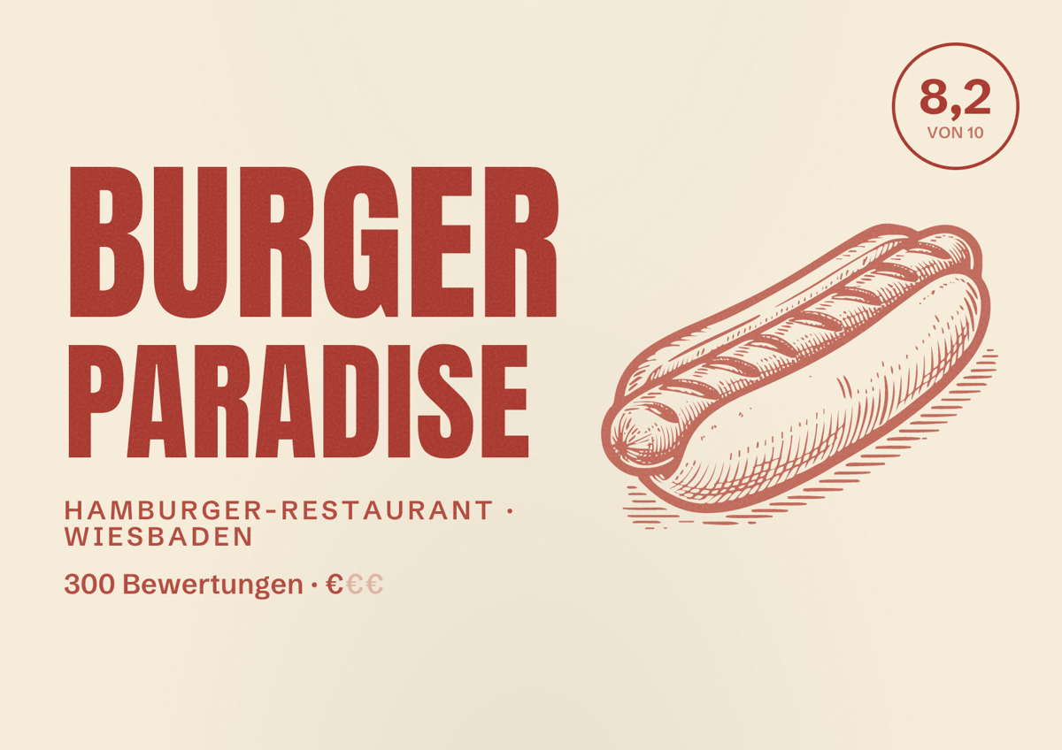Illustriertes Poster von Burger Paradise, Hamburger-Restaurant in Wiesbaden: Bewertung 8,2 von 10 aus 300 Bewertungen, Preisniveau €