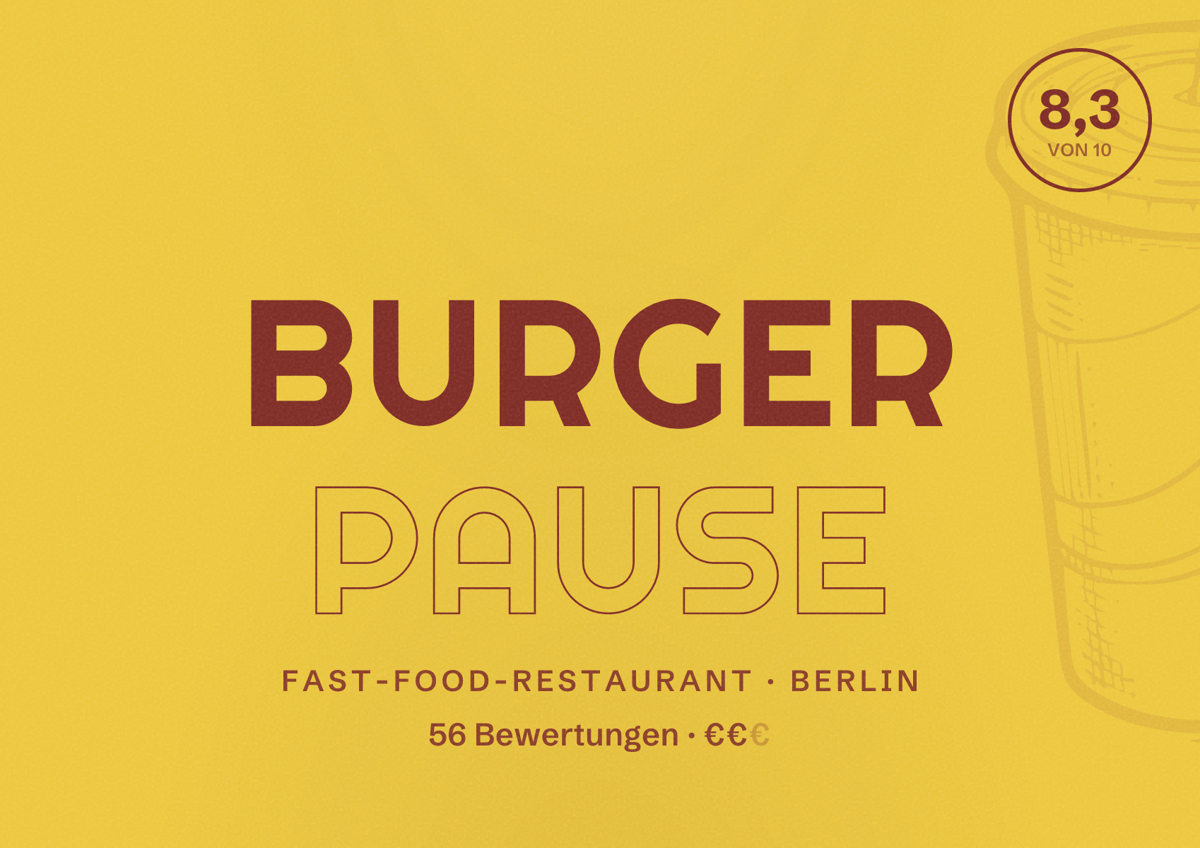 Illustriertes Poster von Burger Pause, Fast-Food-Restaurant in Berlin: Bewertung 8,3 von 10 aus 56 Bewertungen, Preisniveau €€