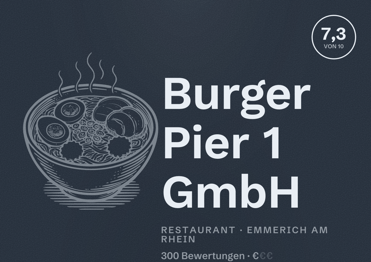 Illustriertes Poster von Burger Pier 1 GmbH, Restaurant in Emmerich am Rhein: Bewertung 7,3 von 10 aus 300 Bewertungen, Preisniveau €
