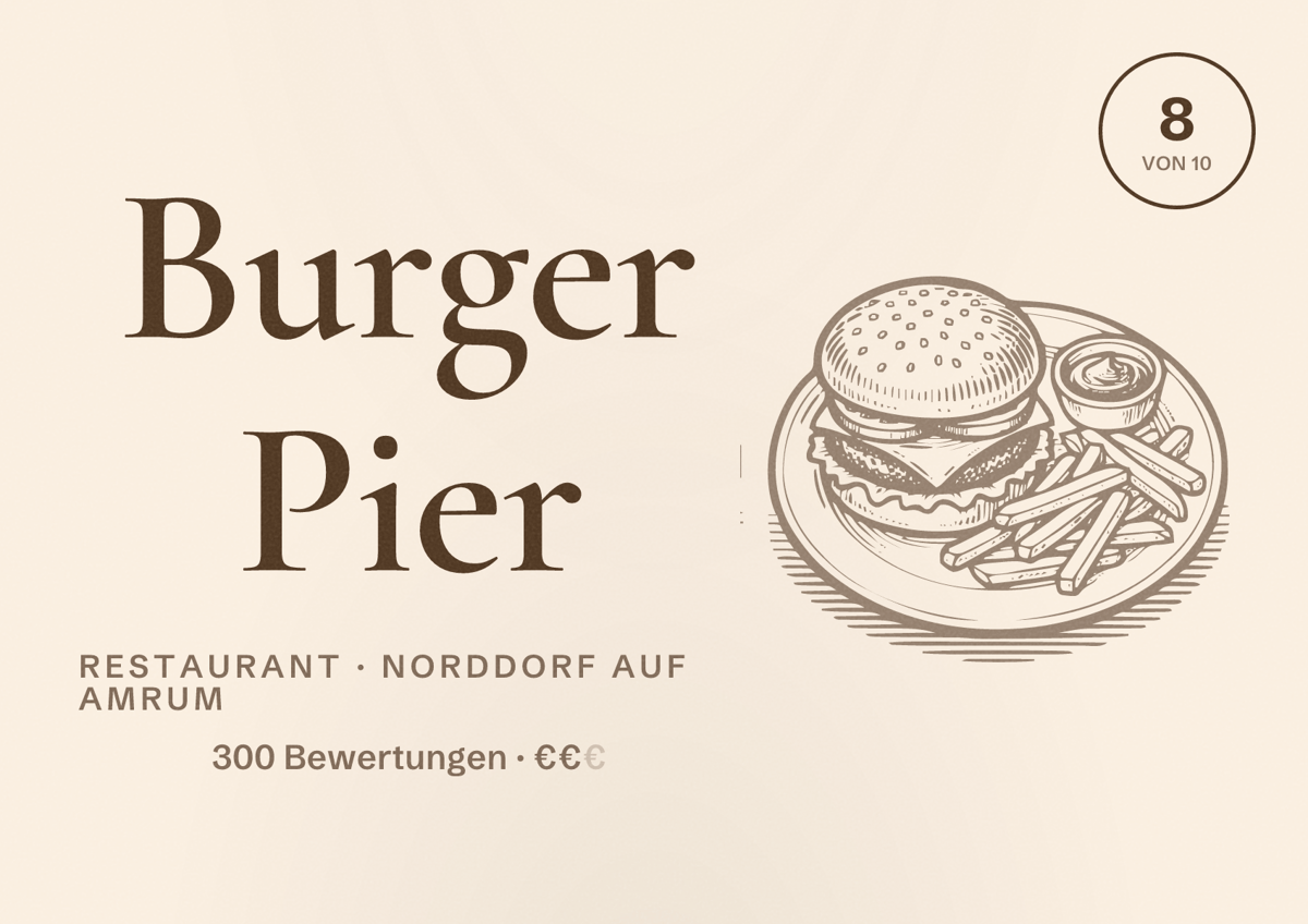 Illustriertes Poster von Burger Pier, Restaurant in Norddorf auf Amrum: Bewertung 8 von 10 aus 300 Bewertungen, Preisniveau €€