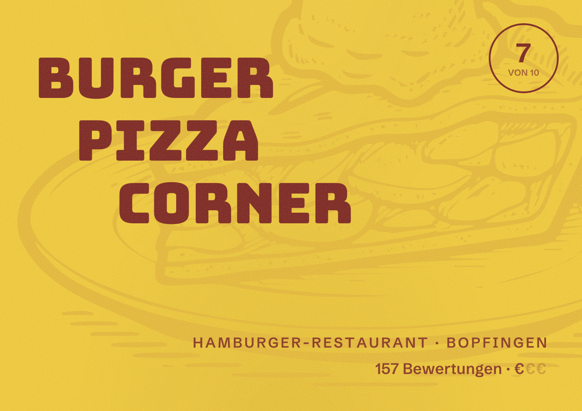 Illustriertes Poster von Burger Pizza Corner, Hamburger-Restaurant in Bopfingen: Bewertung 7 von 10 aus 157 Bewertungen, Preisniveau €