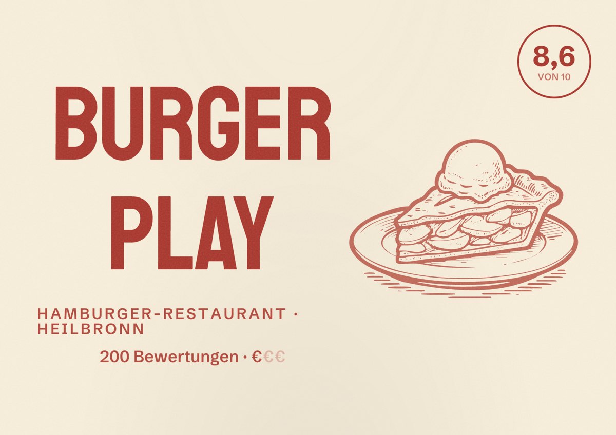 Illustriertes Poster von Burger Play, Hamburger-Restaurant in Heilbronn: Bewertung 8,6 von 10 aus 200 Bewertungen, Preisniveau €