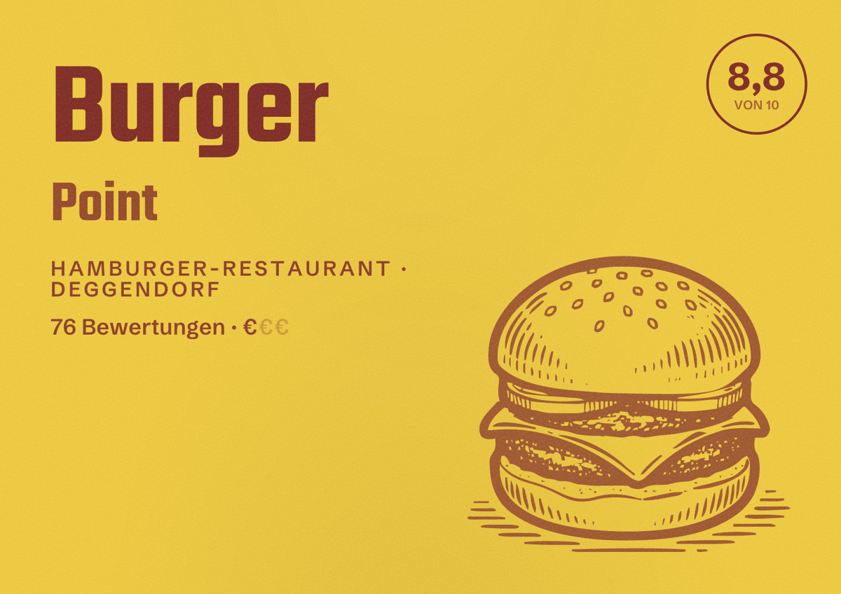 Illustriertes Poster von Burger Point, Hamburger-Restaurant in Deggendorf: Bewertung 8,8 von 10 aus 76 Bewertungen, Preisniveau €