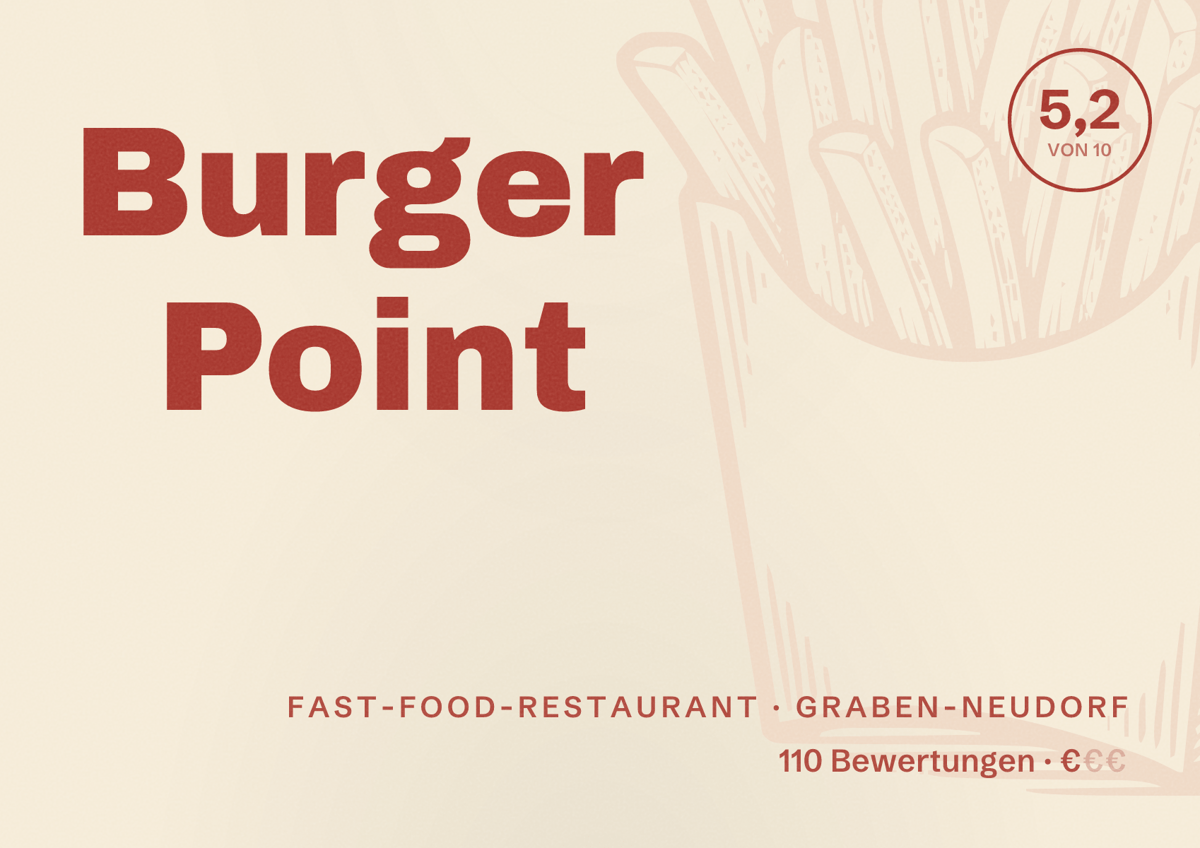 Illustriertes Poster von Burger Point, Fast-Food-Restaurant in Graben-Neudorf: Bewertung 5,2 von 10 aus 110 Bewertungen, Preisniveau €