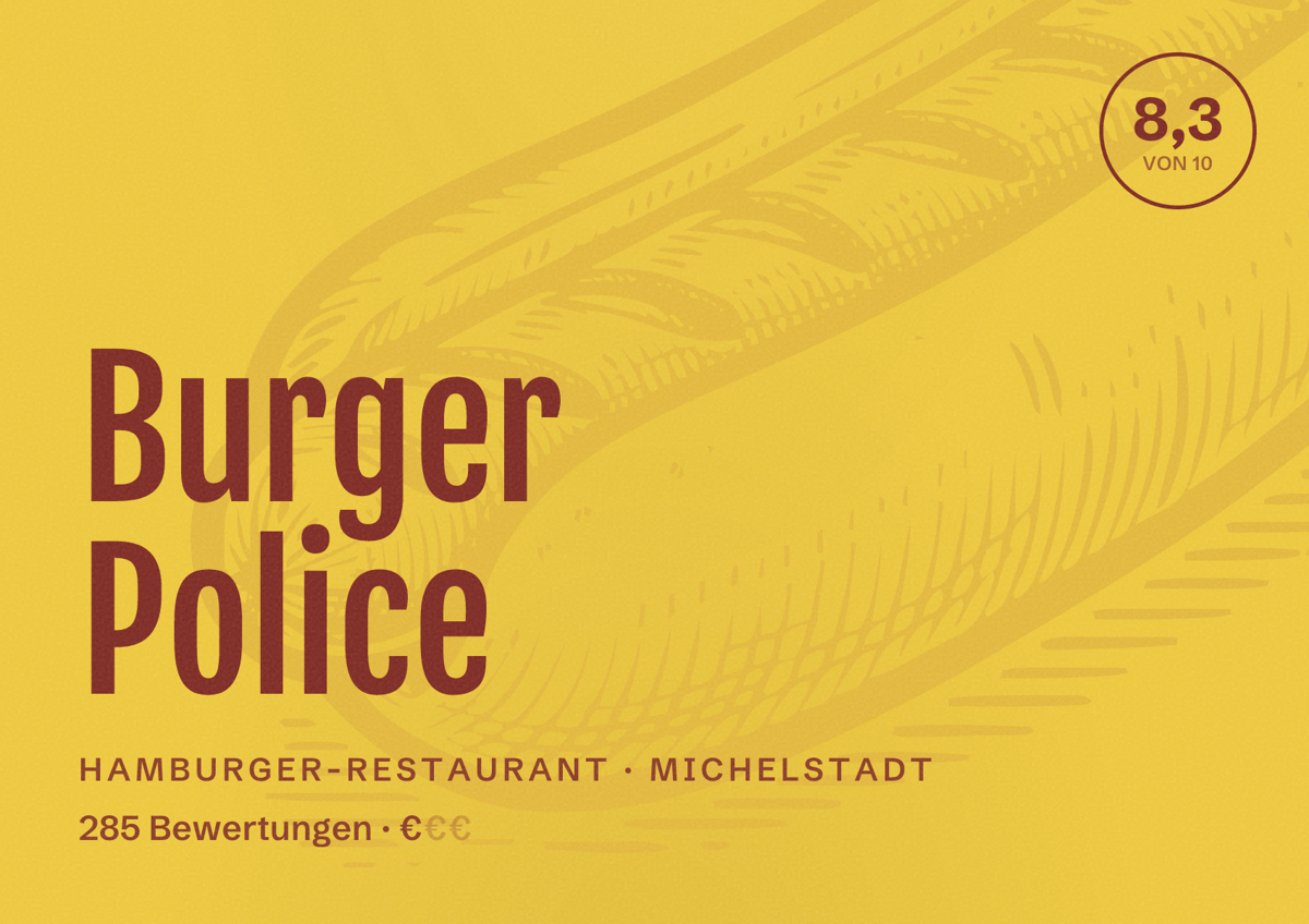 Illustriertes Poster von Burger Police, Hamburger-Restaurant in Michelstadt: Bewertung 8,3 von 10 aus 285 Bewertungen, Preisniveau €