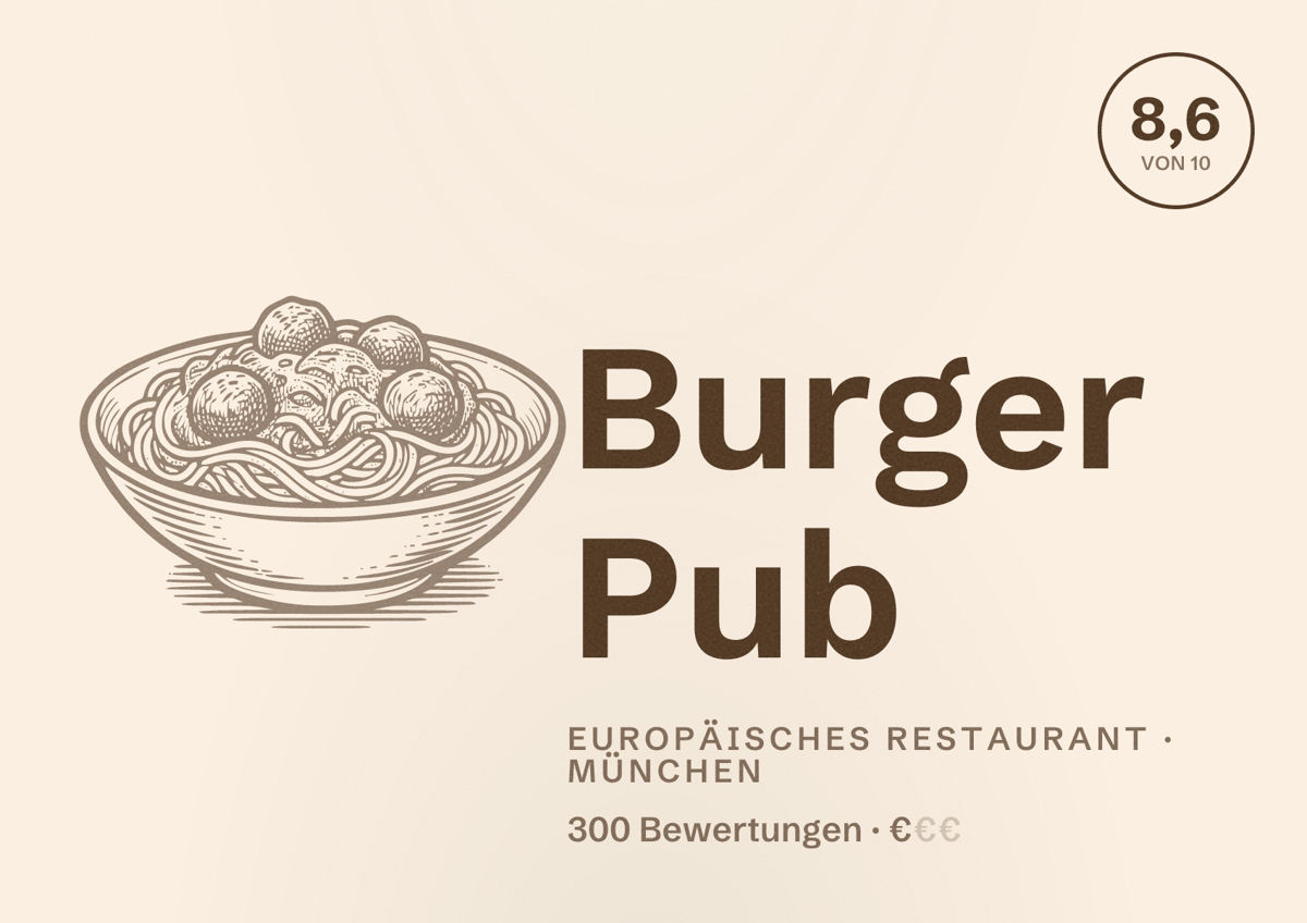 Illustriertes Poster von Burger Pub, Europäisches Restaurant in München: Bewertung 8,6 von 10 aus 300 Bewertungen, Preisniveau €