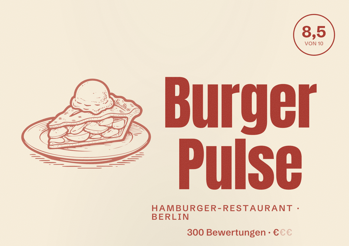 Illustriertes Poster von Burger Pulse, Hamburger-Restaurant in Berlin: Bewertung 8,5 von 10 aus 300 Bewertungen, Preisniveau €