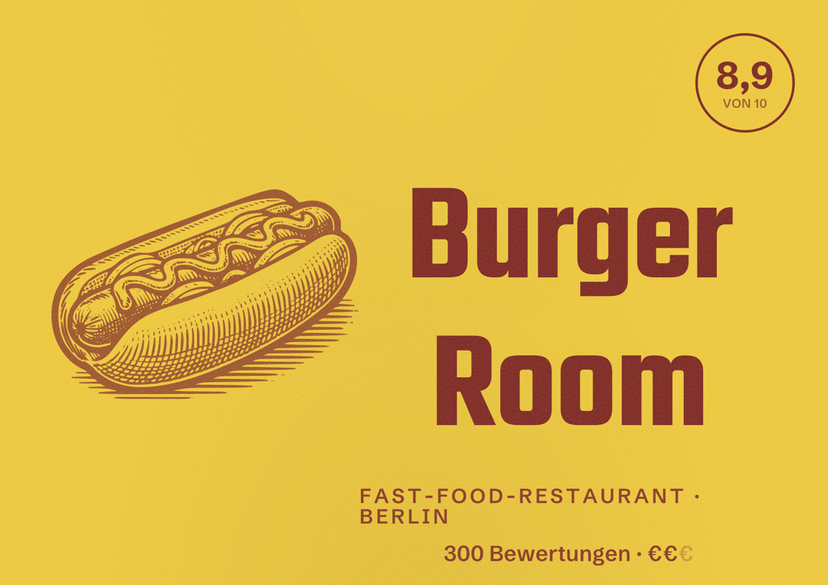 Illustriertes Poster von Burger Room, Fast-Food-Restaurant in Berlin: Bewertung 8,9 von 10 aus 300 Bewertungen, Preisniveau €€