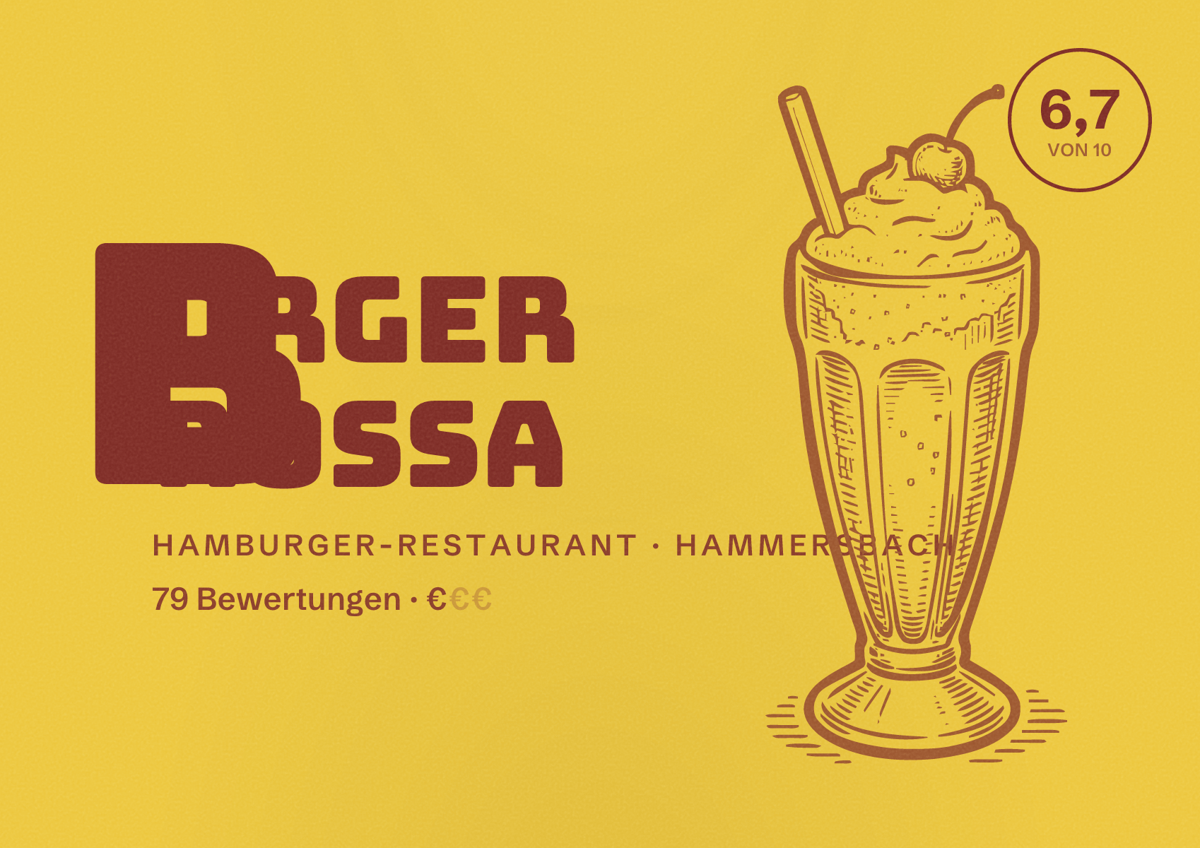 Illustriertes Poster von Burger Rossa, Hamburger-Restaurant in Hammersbach: Bewertung 6,7 von 10 aus 79 Bewertungen, Preisniveau €