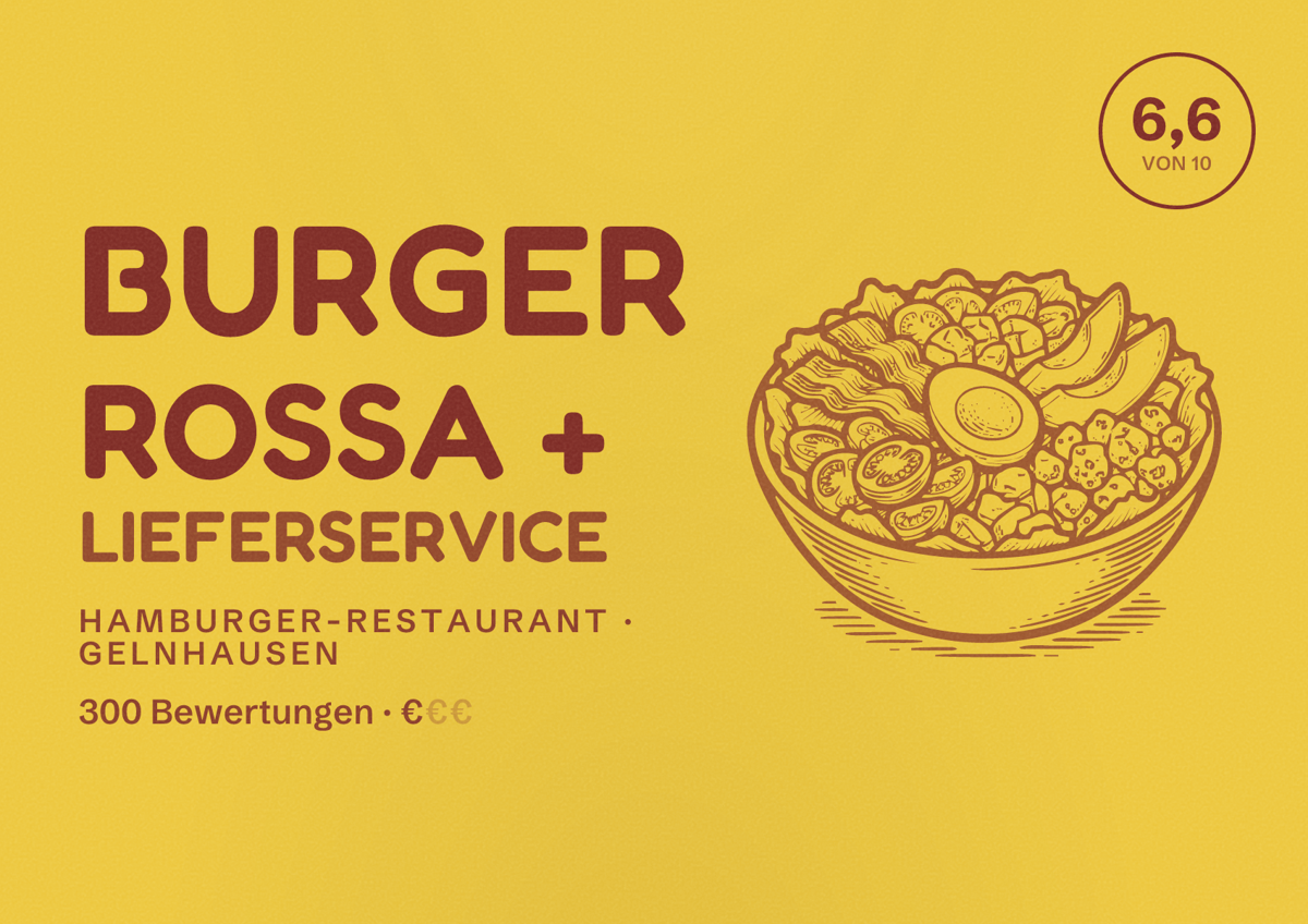 Illustriertes Poster von Burger Rossa + Lieferservice, Hamburger-Restaurant in Gelnhausen: Bewertung 6,6 von 10 aus 300 Bewertungen, Preisniveau €