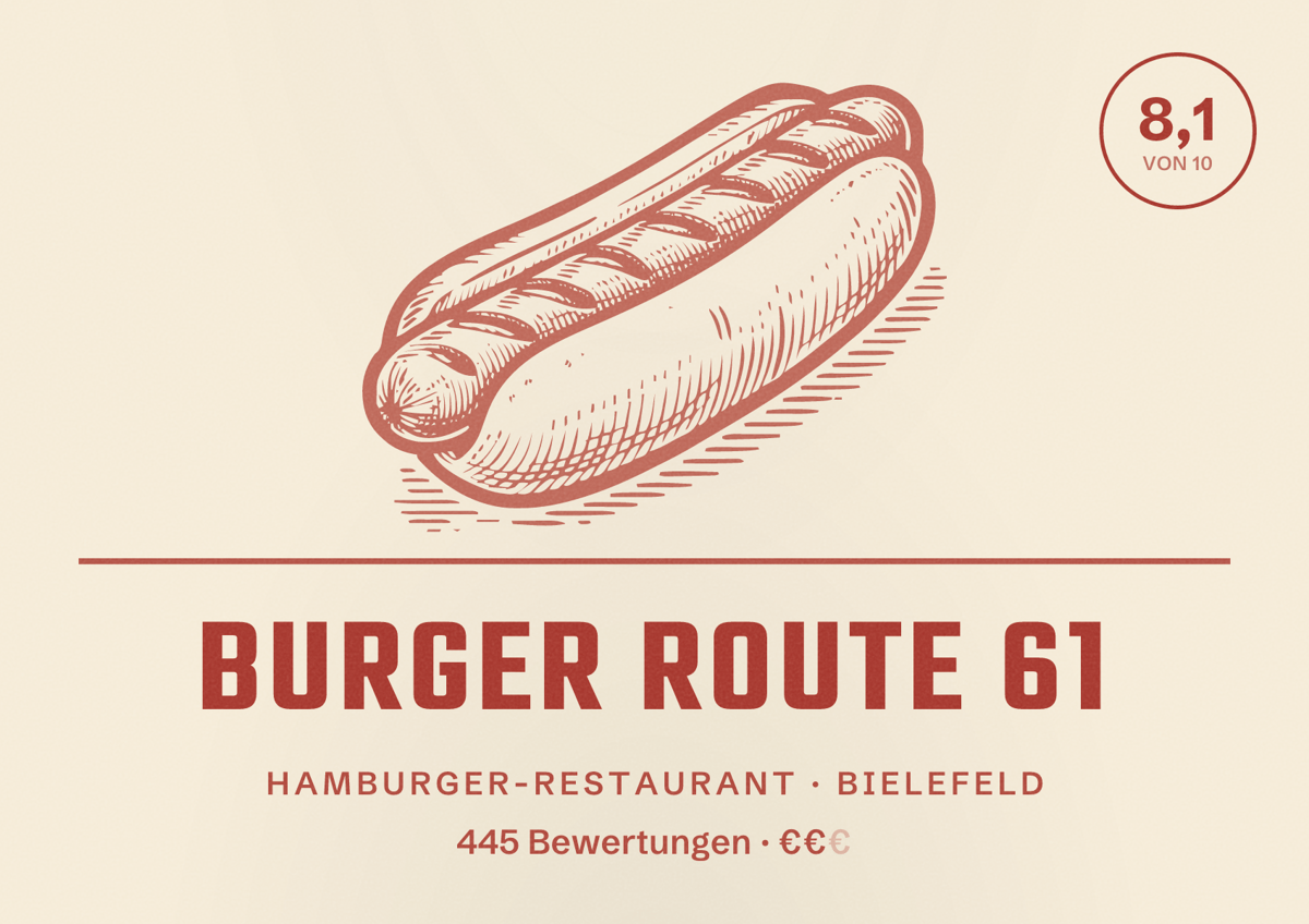 Illustriertes Poster von Burger Route 61, Hamburger-Restaurant in Bielefeld: Bewertung 8,1 von 10 aus 445 Bewertungen, Preisniveau €€
