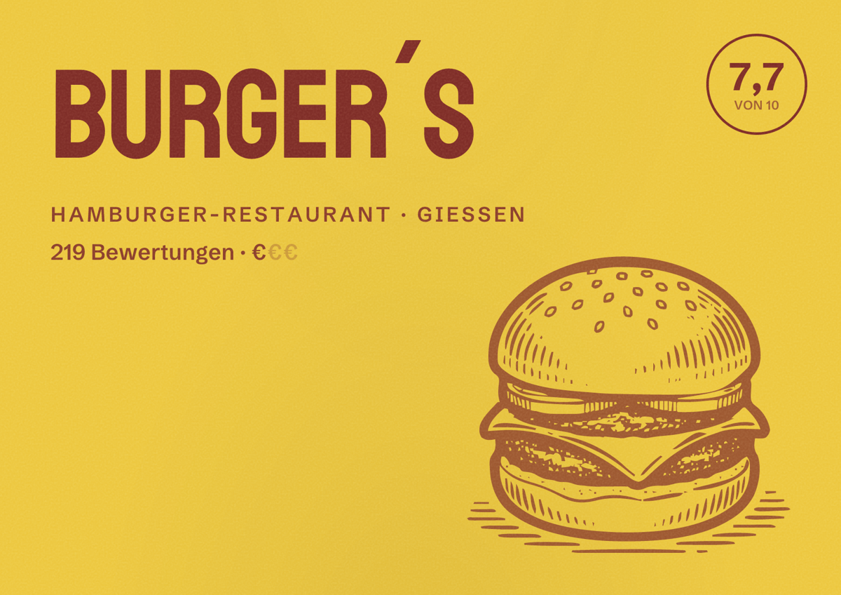 Illustriertes Poster von Burger´s, Hamburger-Restaurant in Gießen: Bewertung 7,7 von 10 aus 219 Bewertungen, Preisniveau €