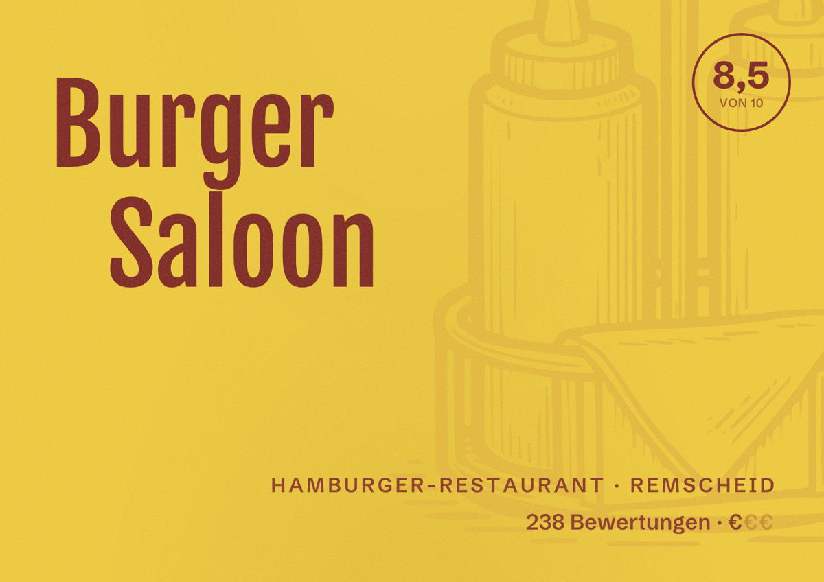 Illustriertes Poster von Burger Saloon, Hamburger-Restaurant in Remscheid: Bewertung 8,5 von 10 aus 238 Bewertungen, Preisniveau €