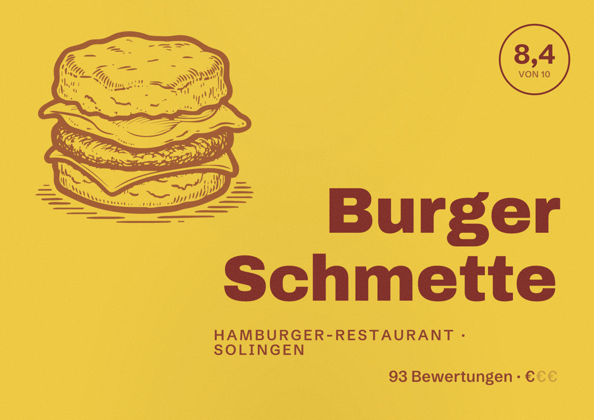 Illustriertes Poster von Burger Schmette, Hamburger-Restaurant in Solingen: Bewertung 8,4 von 10 aus 93 Bewertungen, Preisniveau €