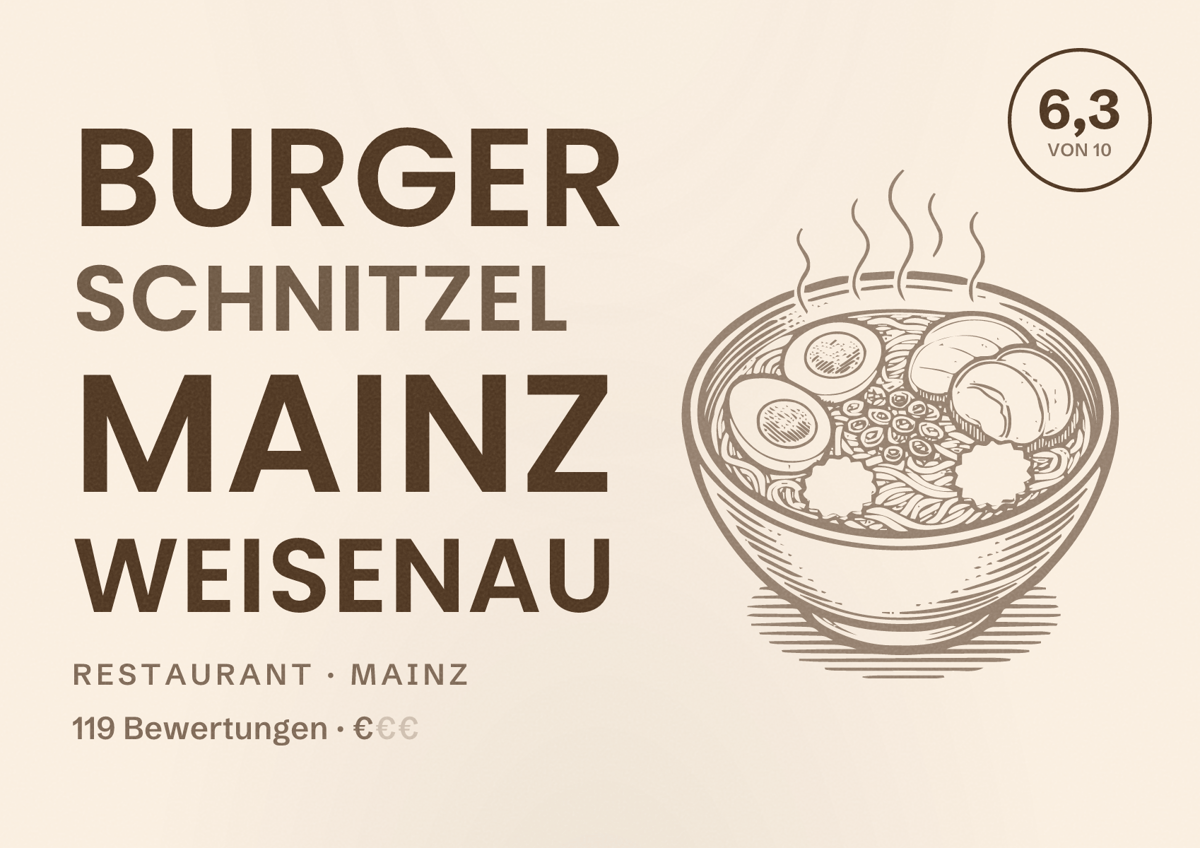 Illustriertes Poster von Burger schnitzel Mainz Weisenau, Restaurant in Mainz: Bewertung 6,3 von 10 aus 119 Bewertungen, Preisniveau €