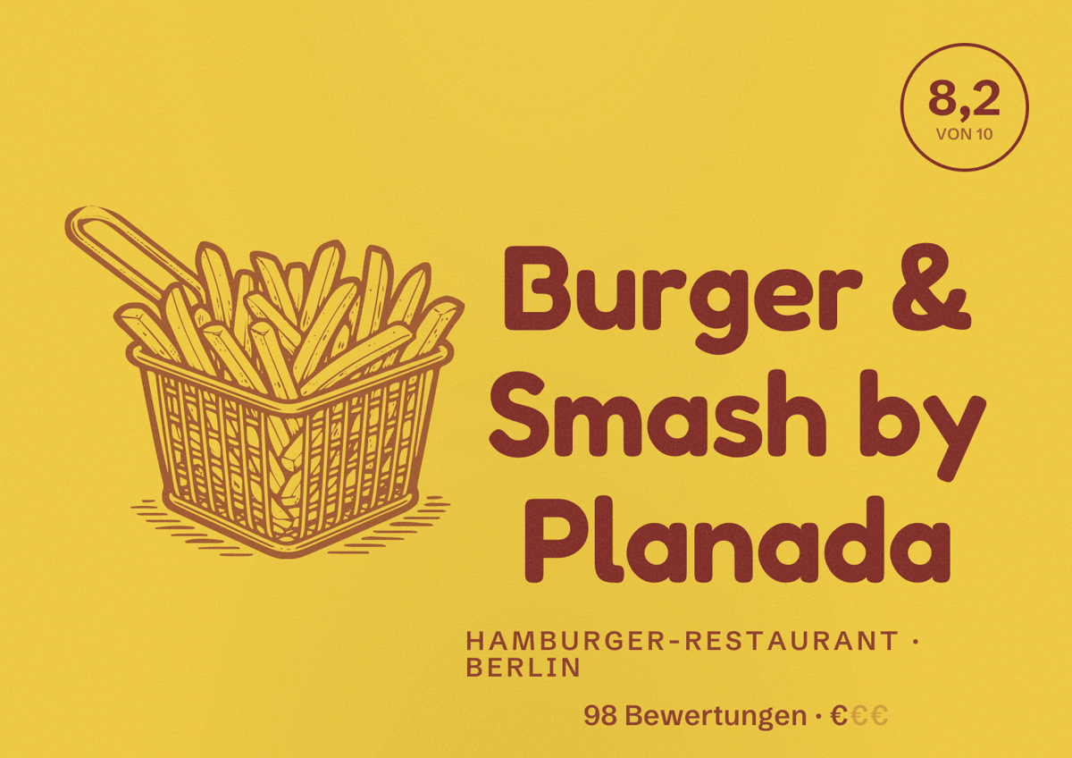 Illustriertes Poster von Burger & Smash by Planada, Hamburger-Restaurant in Berlin: Bewertung 8,2 von 10 aus 98 Bewertungen, Preisniveau €