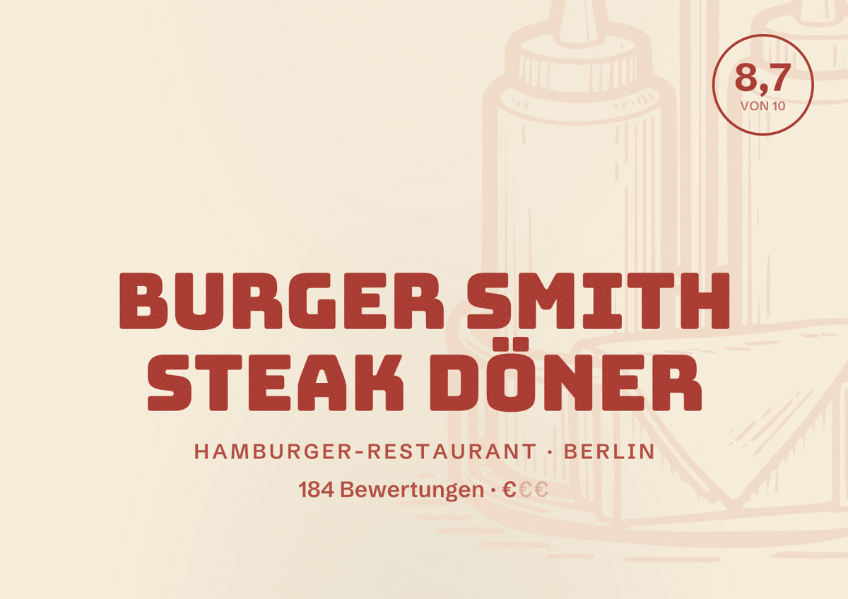 Illustriertes Poster von Burger Smith Steak Döner, Hamburger-Restaurant in Berlin: Bewertung 8,7 von 10 aus 184 Bewertungen, Preisniveau €