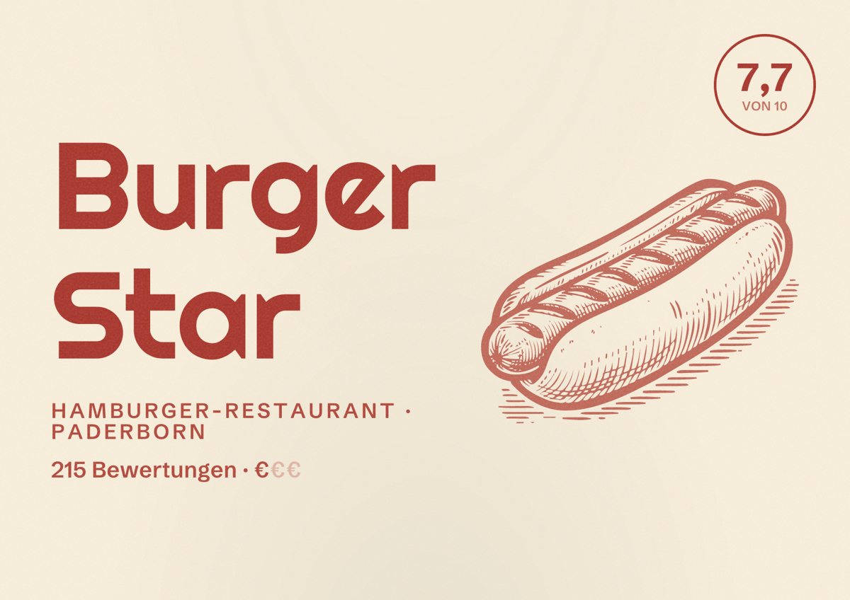 Illustriertes Poster von Burger Star, Hamburger-Restaurant in Paderborn: Bewertung 7,7 von 10 aus 215 Bewertungen, Preisniveau €