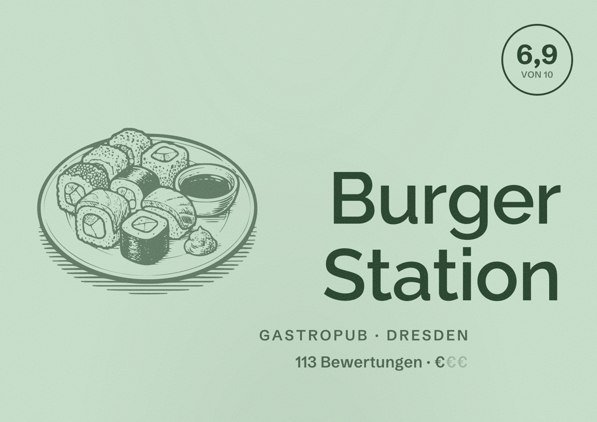 Illustriertes Poster von Burger Station, Gastropub in Dresden: Bewertung 6,9 von 10 aus 113 Bewertungen, Preisniveau €