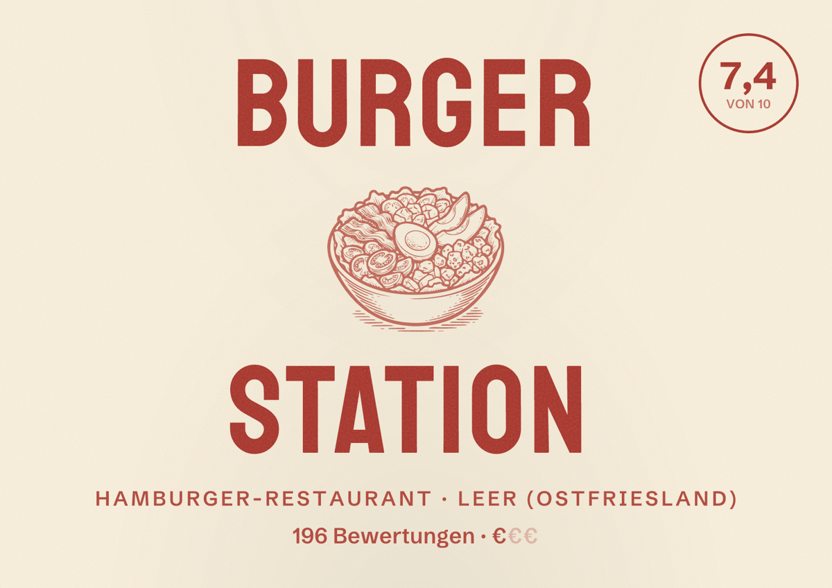 Illustriertes Poster von Burger Station, Hamburger-Restaurant in Leer (Ostfriesland): Bewertung 7,4 von 10 aus 196 Bewertungen, Preisniveau €