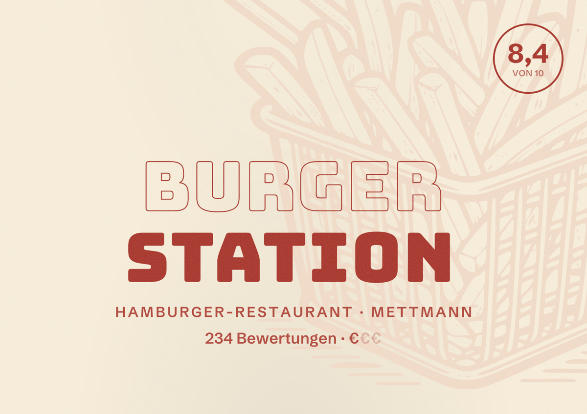 Illustriertes Poster von Burger Station, Hamburger-Restaurant in Mettmann: Bewertung 8,4 von 10 aus 234 Bewertungen, Preisniveau €