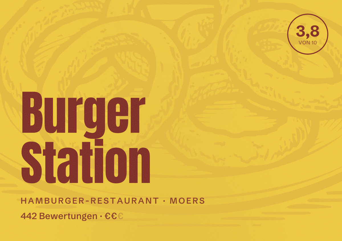 Illustriertes Poster von Burger Station, Hamburger-Restaurant in Moers: Bewertung 3,8 von 10 aus 442 Bewertungen, Preisniveau €€