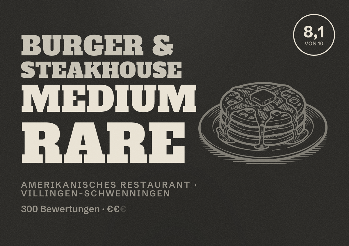 Illustriertes Poster von Burger & Steakhouse Medium Rare, Amerikanisches Restaurant in Villingen-Schwenningen: Bewertung 8,1 von 10 aus 300 Bewertungen, Preisniveau €€