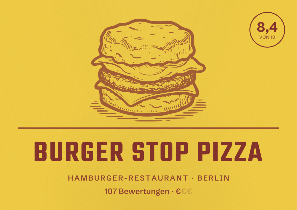 Illustriertes Poster von Burger Stop Pizza, Hamburger-Restaurant in Berlin: Bewertung 8,4 von 10 aus 107 Bewertungen, Preisniveau €