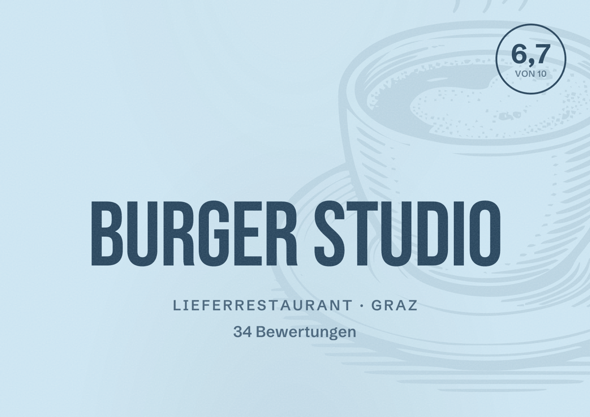 Illustriertes Poster von Burger Studio, Lieferrestaurant in Graz: Bewertung 6,7 von 10 aus 34 Bewertungen