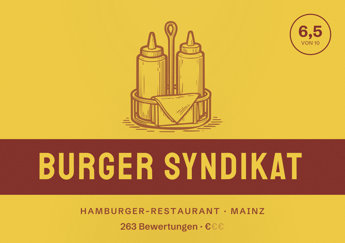 Illustriertes Poster von Burger Syndikat, Hamburger-Restaurant in Mainz: Bewertung 6,5 von 10 aus 263 Bewertungen, Preisniveau €
