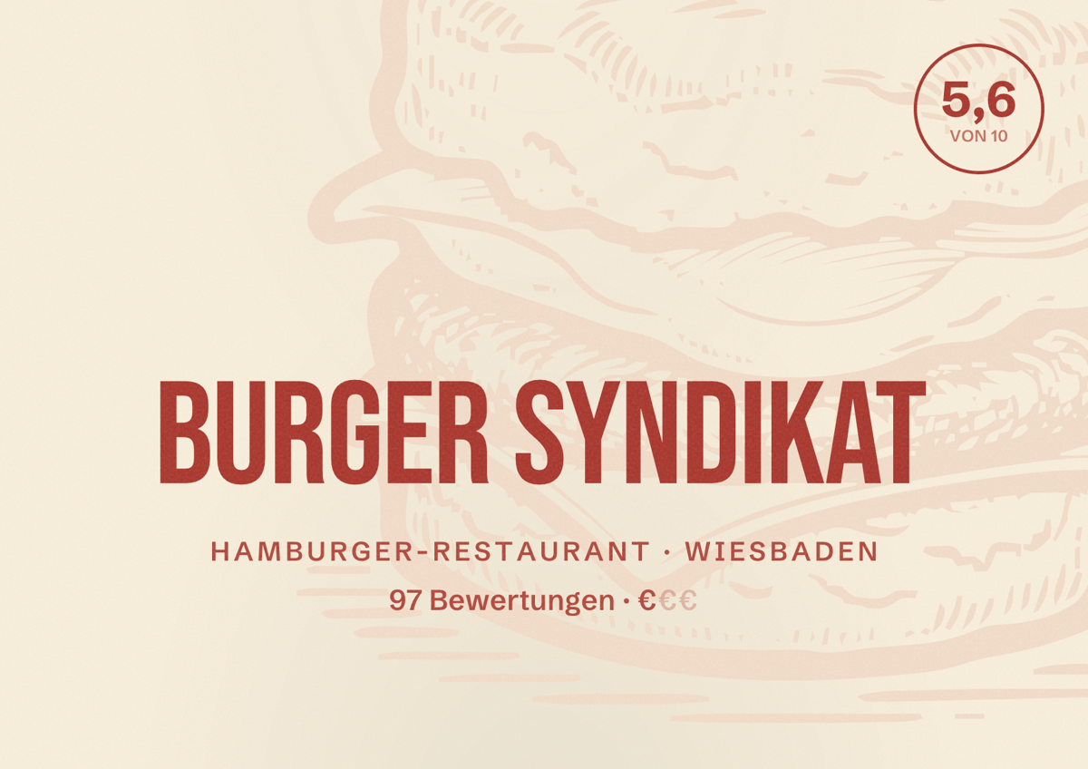 Illustriertes Poster von Burger Syndikat, Hamburger-Restaurant in Wiesbaden: Bewertung 5,6 von 10 aus 97 Bewertungen, Preisniveau €
