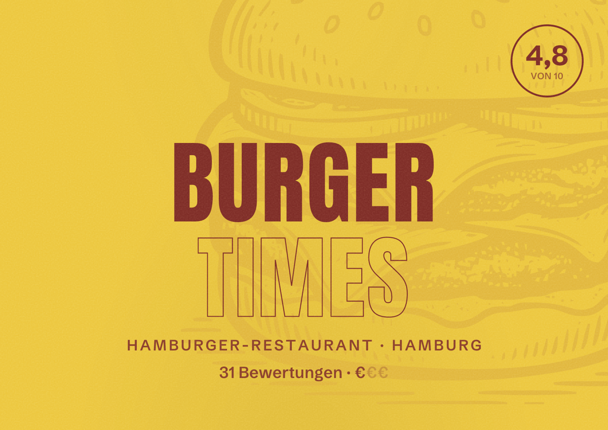 Illustriertes Poster von Burger Times, Hamburger-Restaurant in Hamburg: Bewertung 4,8 von 10 aus 31 Bewertungen, Preisniveau €