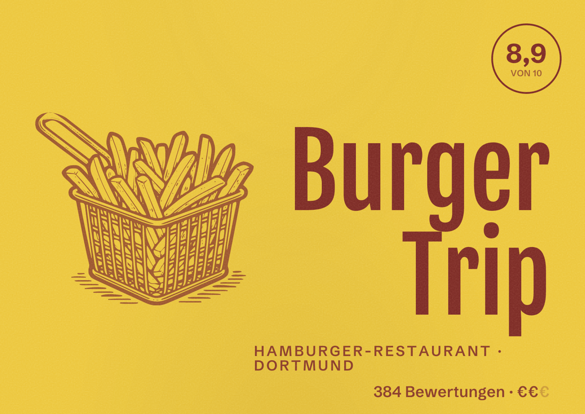 Illustriertes Poster von Burger Trip, Hamburger-Restaurant in Dortmund: Bewertung 8,9 von 10 aus 384 Bewertungen, Preisniveau €€