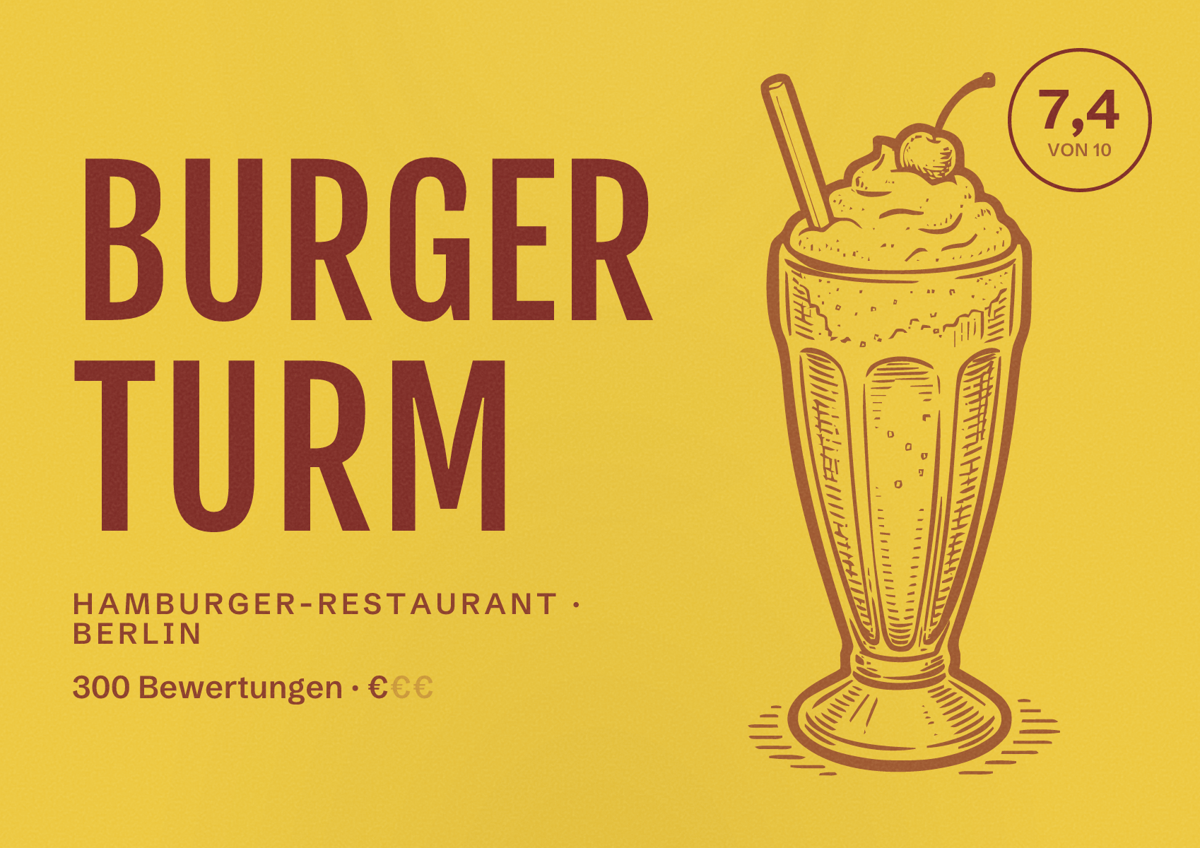 Illustriertes Poster von Burger Turm, Hamburger-Restaurant in Berlin: Bewertung 7,4 von 10 aus 300 Bewertungen, Preisniveau €