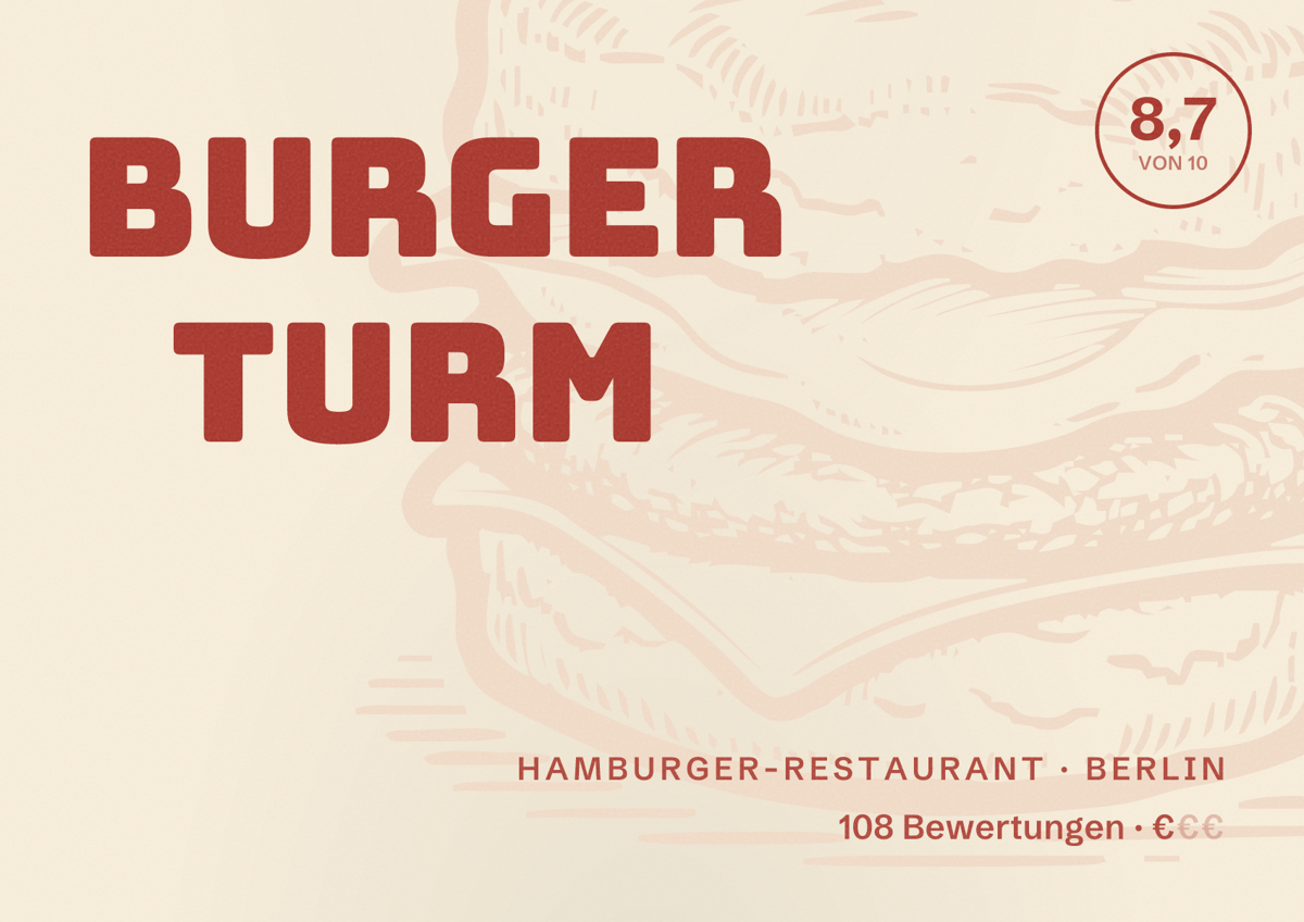 Illustriertes Poster von Burger Turm, Hamburger-Restaurant in Berlin: Bewertung 8,7 von 10 aus 108 Bewertungen, Preisniveau €