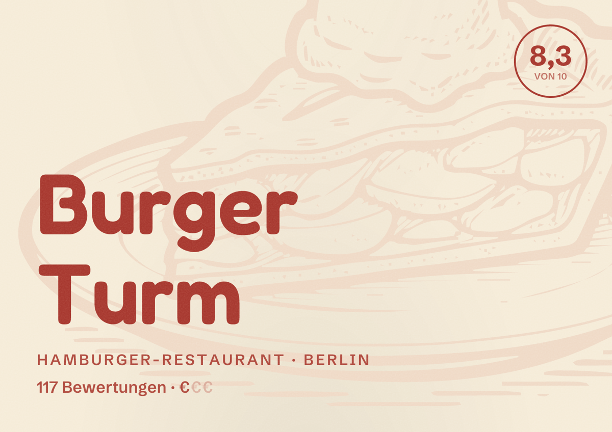 Illustriertes Poster von Burger Turm, Hamburger-Restaurant in Berlin: Bewertung 8,3 von 10 aus 117 Bewertungen, Preisniveau €