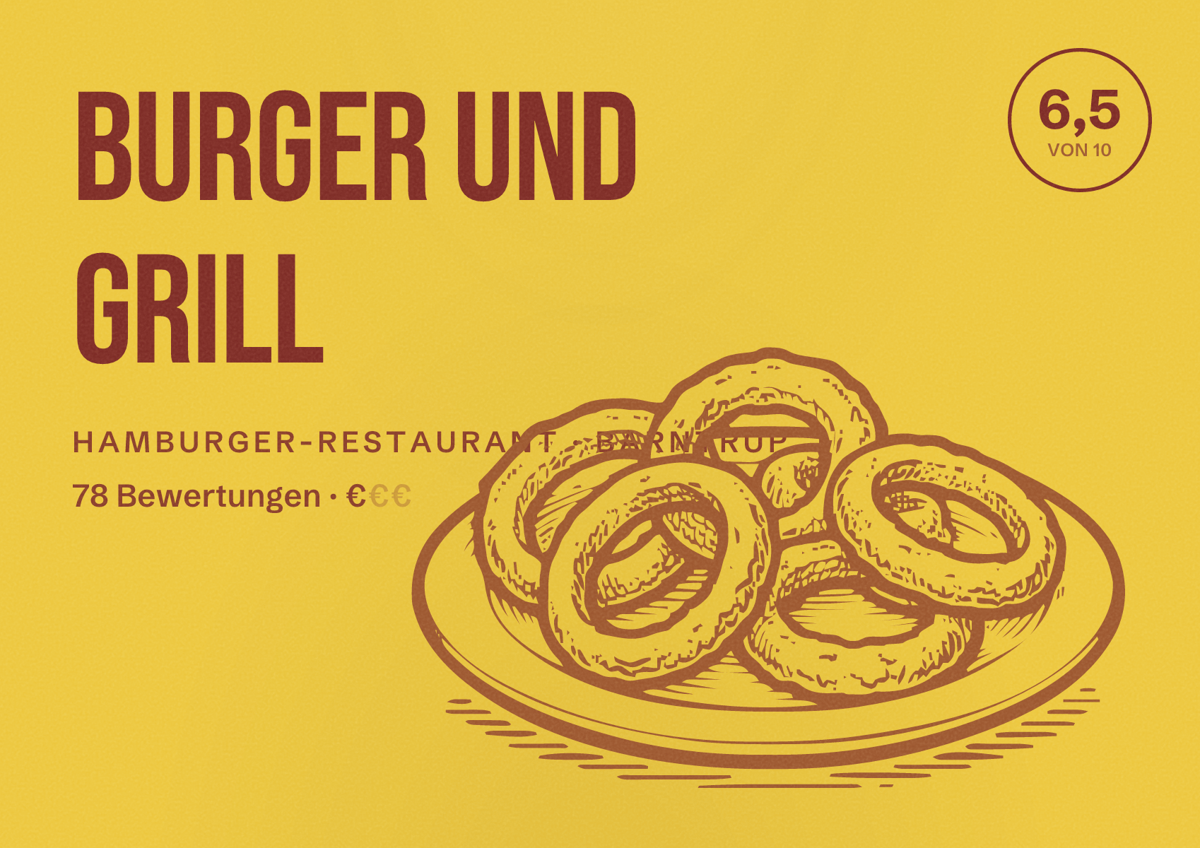 Illustriertes Poster von Burger und Grill, Hamburger-Restaurant in Barntrup: Bewertung 6,5 von 10 aus 78 Bewertungen, Preisniveau €