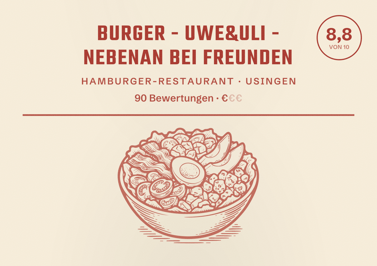 Illustriertes Poster von Burger - Uwe&Uli - Nebenan bei Freunden, Hamburger-Restaurant in Usingen: Bewertung 8,8 von 10 aus 90 Bewertungen, Preisniveau €