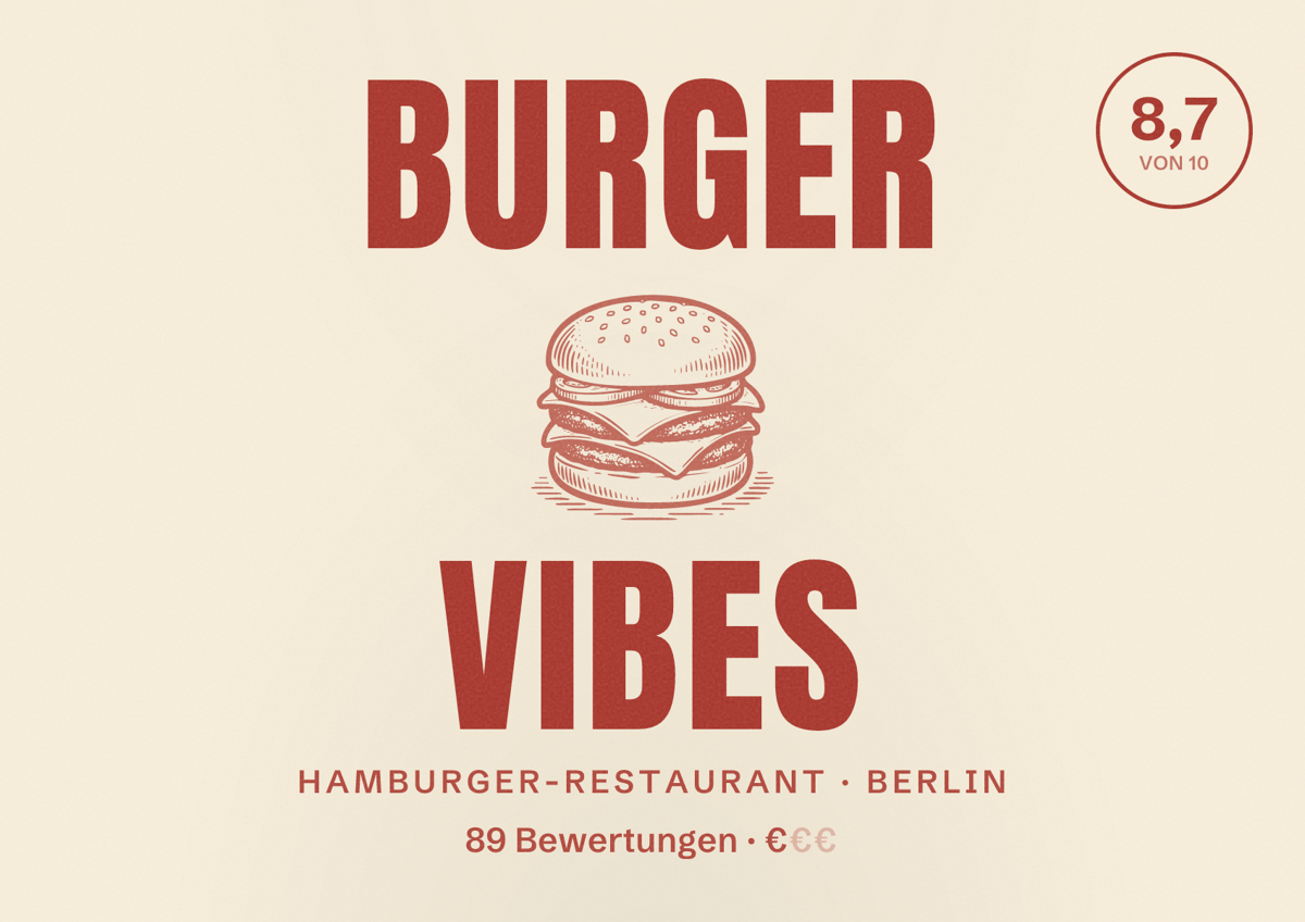 Illustriertes Poster von Burger Vibes, Hamburger-Restaurant in Berlin: Bewertung 8,7 von 10 aus 89 Bewertungen, Preisniveau €