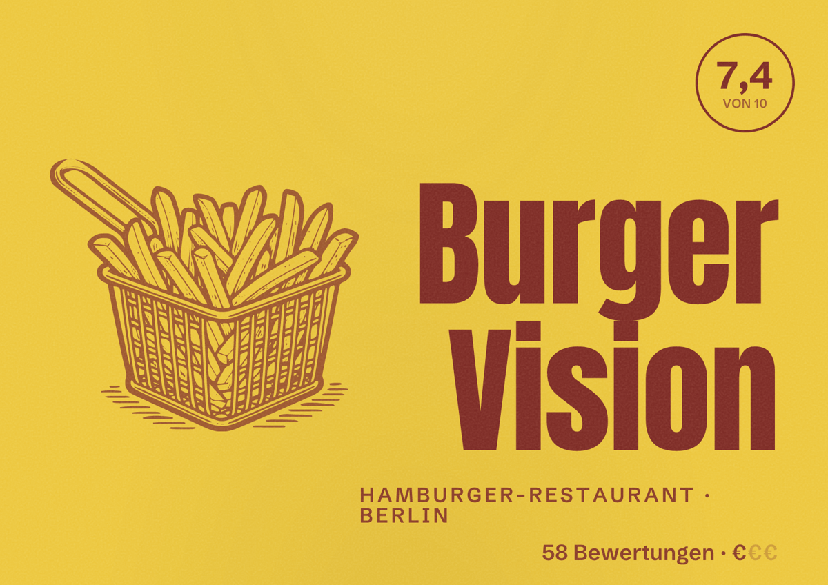 Illustriertes Poster von Burger Vision, Hamburger-Restaurant in Berlin: Bewertung 7,4 von 10 aus 58 Bewertungen, Preisniveau €