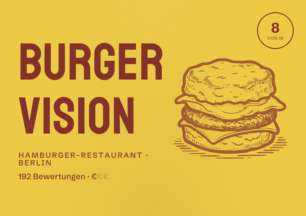 Illustriertes Poster von Burger Vision, Hamburger-Restaurant in Berlin: Bewertung 8,0 von 10 aus 192 Bewertungen, Preisniveau €