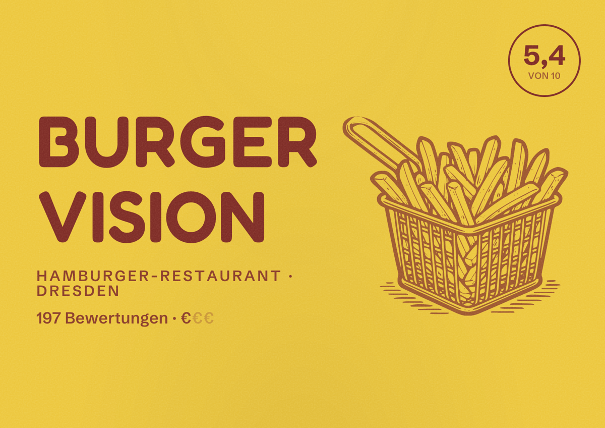 Illustriertes Poster von Burger Vision, Hamburger-Restaurant in Dresden: Bewertung 5,4 von 10 aus 197 Bewertungen, Preisniveau €